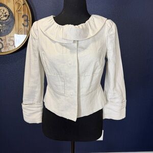 Anthropologie Elevenses Natural Linen Babydoll Ruffle 3/4 Sleeve Blazer | Size 2